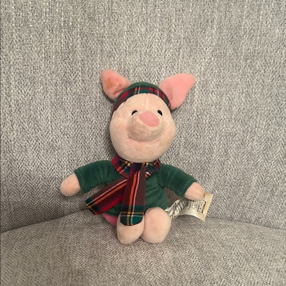 Disney Christmas Piglet Plush Toy with Green Outfit and Plaid Scarf